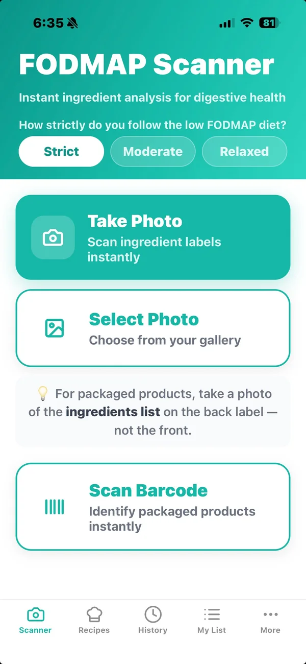 FODMAP Scanner app screenshot